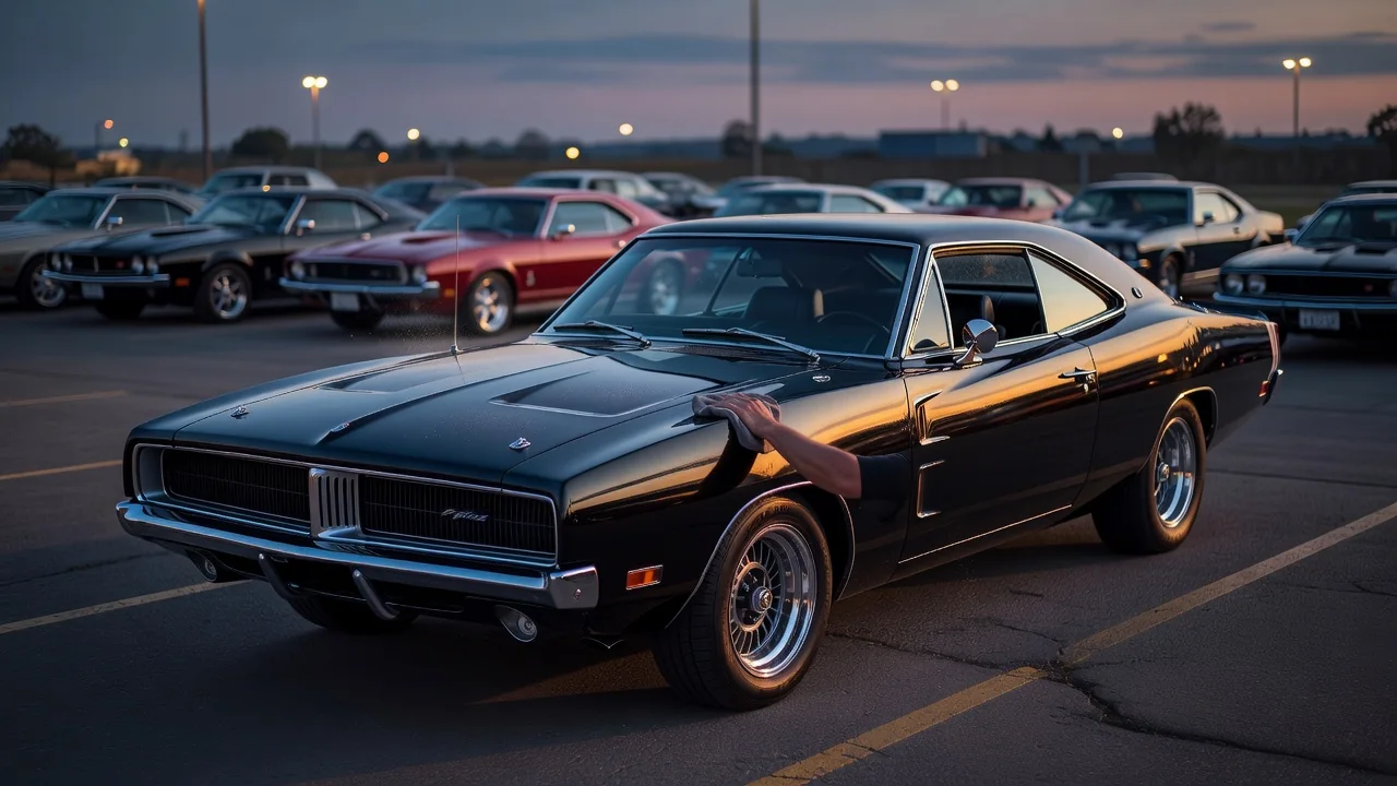 Row of classic American cars parked in an empty supermarket lot at golden hour