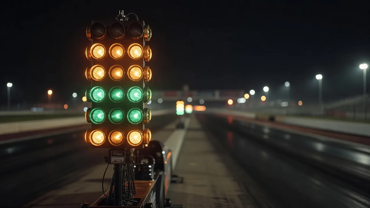 A drag racing starting light tree glowing amber and green above an empty strip at night