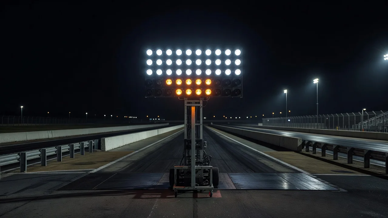 Drag strip Christmas tree lights above the staging beams