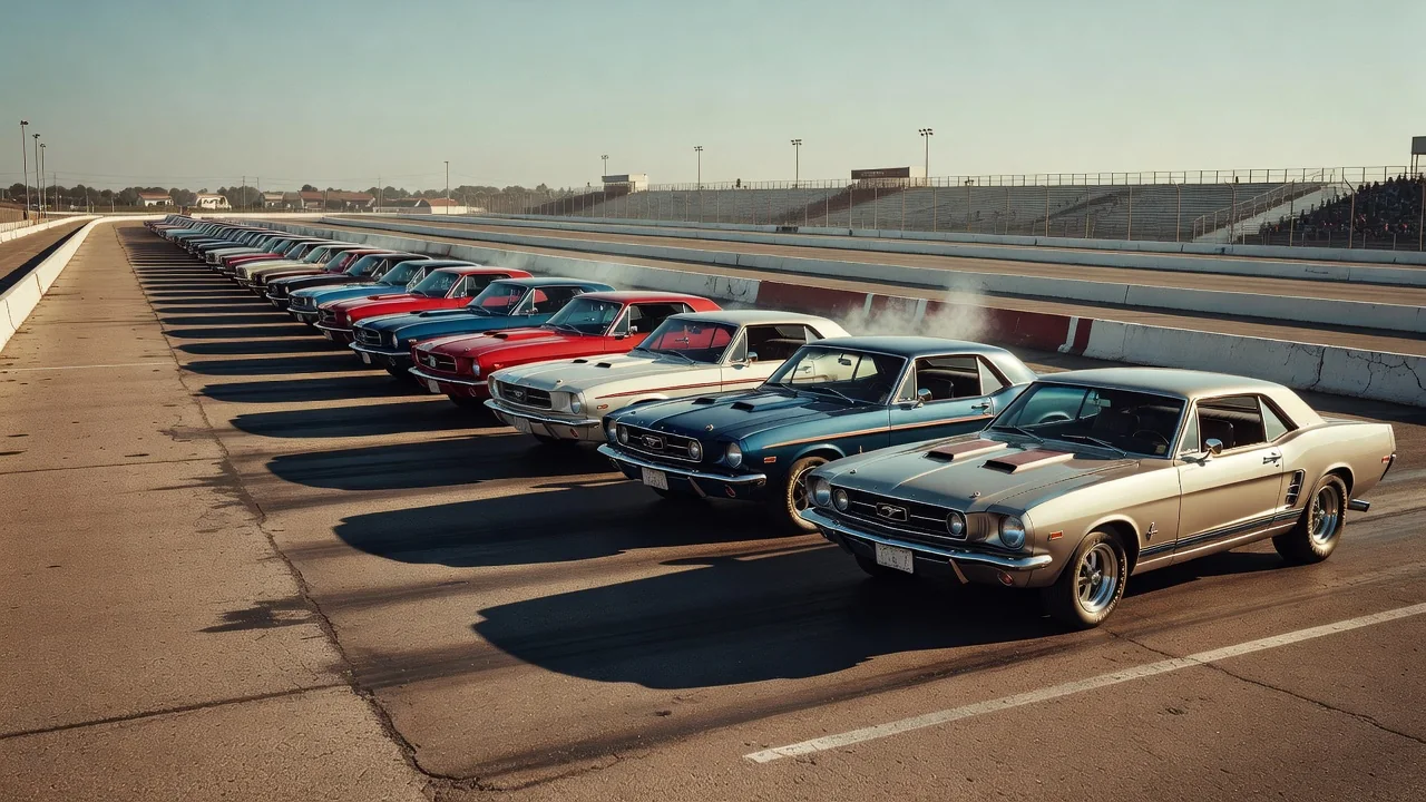 Row of 1960s American muscle cars lined up at a drag strip staging lane