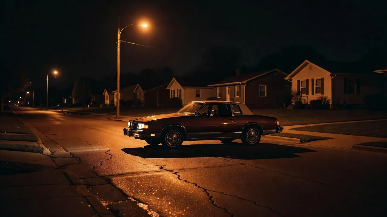 A classic two-door Cutlass coupe parked under streetlights on a quiet Michigan street at night