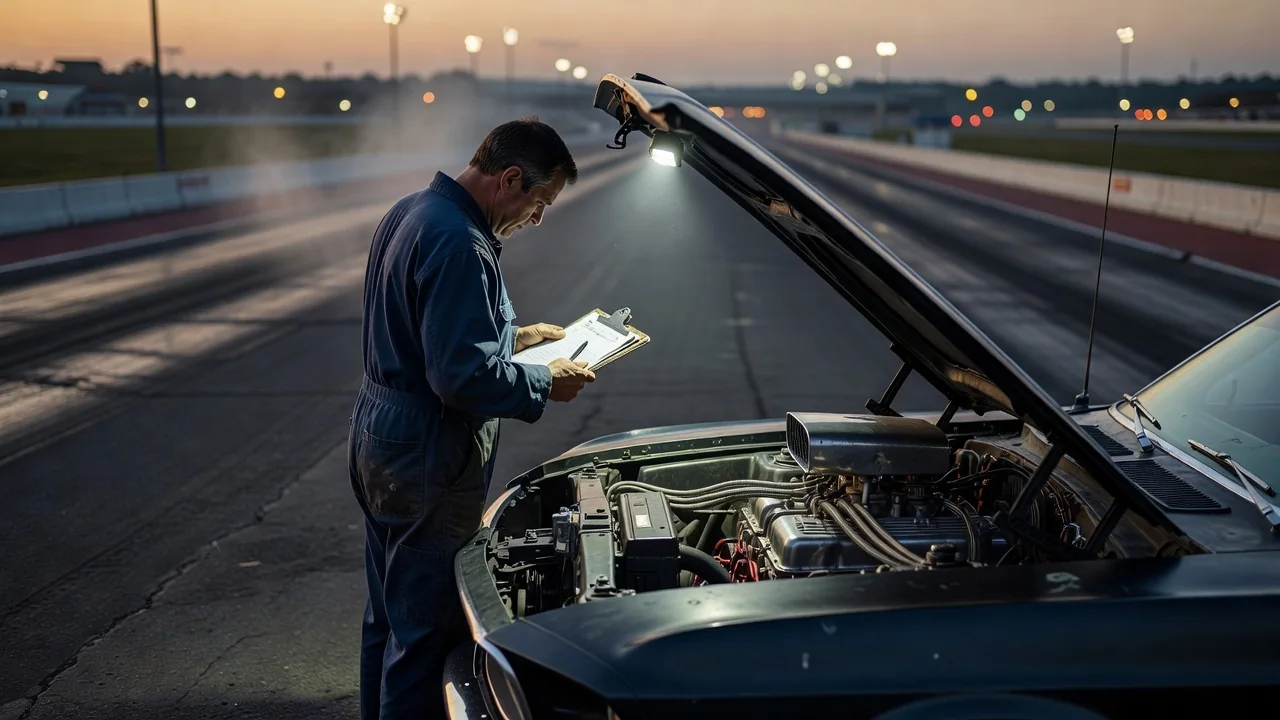 Tech inspector checking under the hood of a street car at the drag strip gate