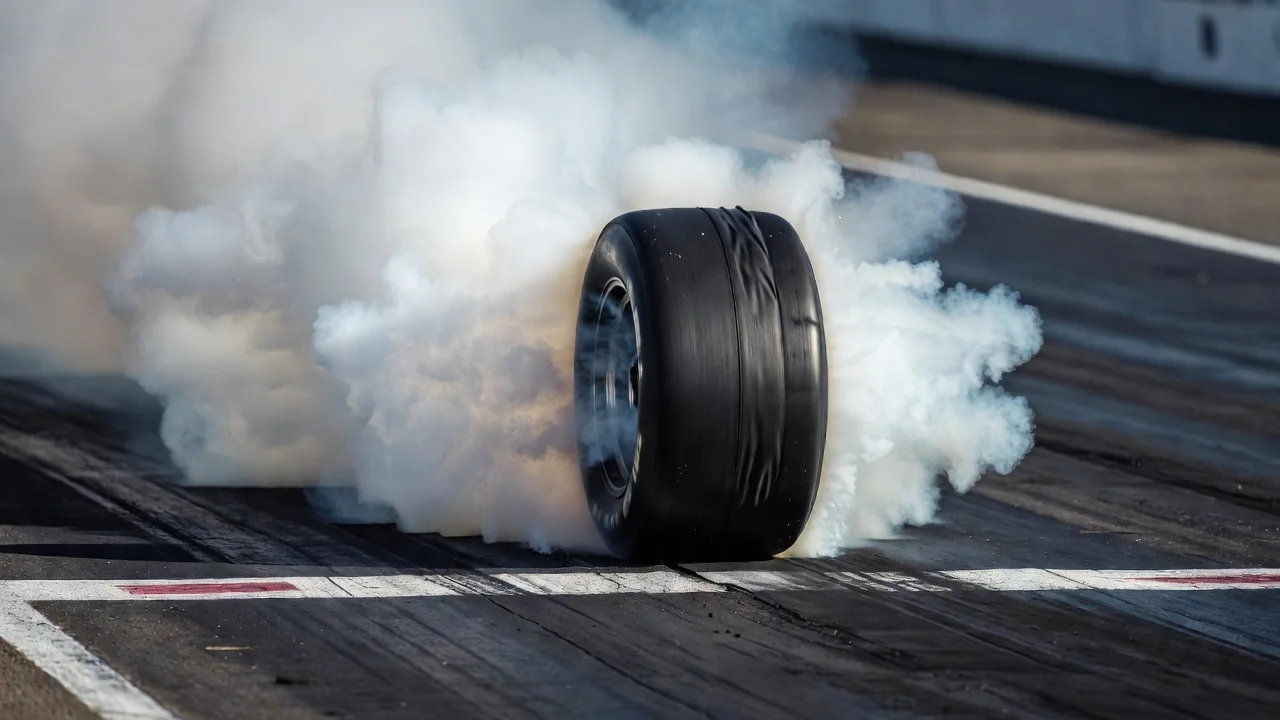 Wrinkle-wall drag slick folded under launch on a prepared starting line