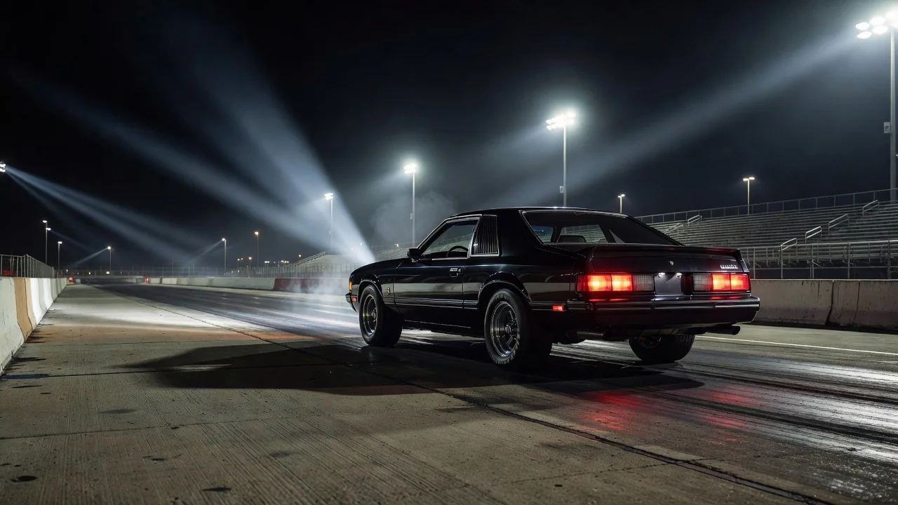A Fox-body Ford Mustang notchback coupe staged at a drag strip at night