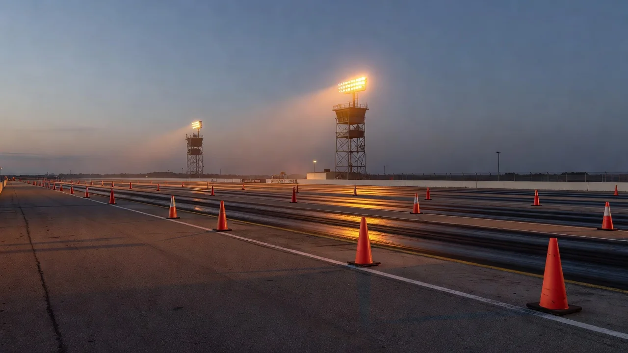 Empty staging lanes of a drag strip at dusk, cone-marked and quiet
