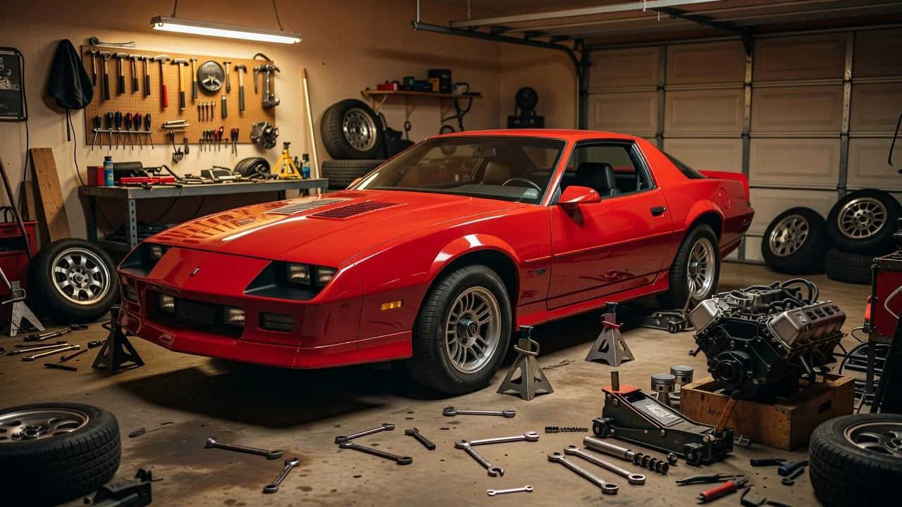 A third-generation Chevrolet Camaro Z28 from the 1980s in a home garage with tools and spare parts around it