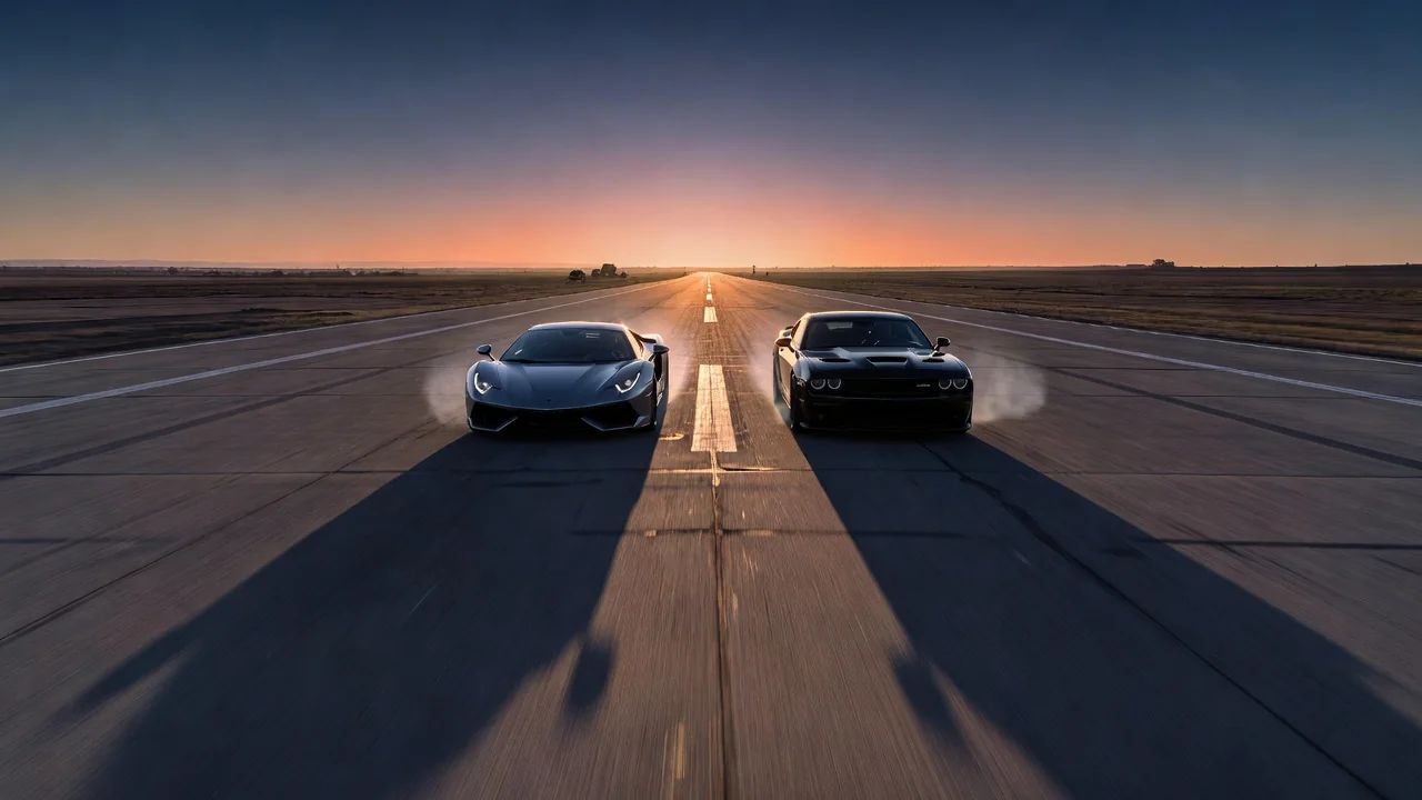 Two front tires side by side at a drag strip starting line, low angle