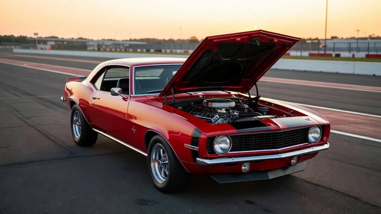 A muscle car in the staging lanes of a drag strip during a weekday test session, hood open