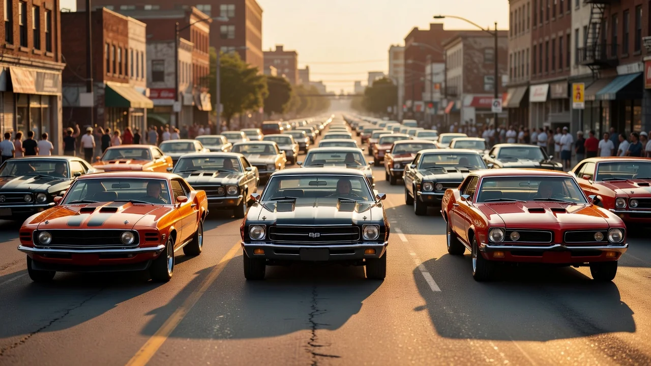 Rows of classic American muscle cars cruising a wide Detroit avenue at golden hour